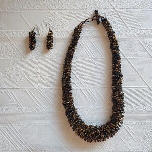Handcrafted Black and Gold Beaded Necklace & Earring Set